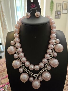 paparazzi Blush Pearl Multi-Strand Statement Necklace with Studs